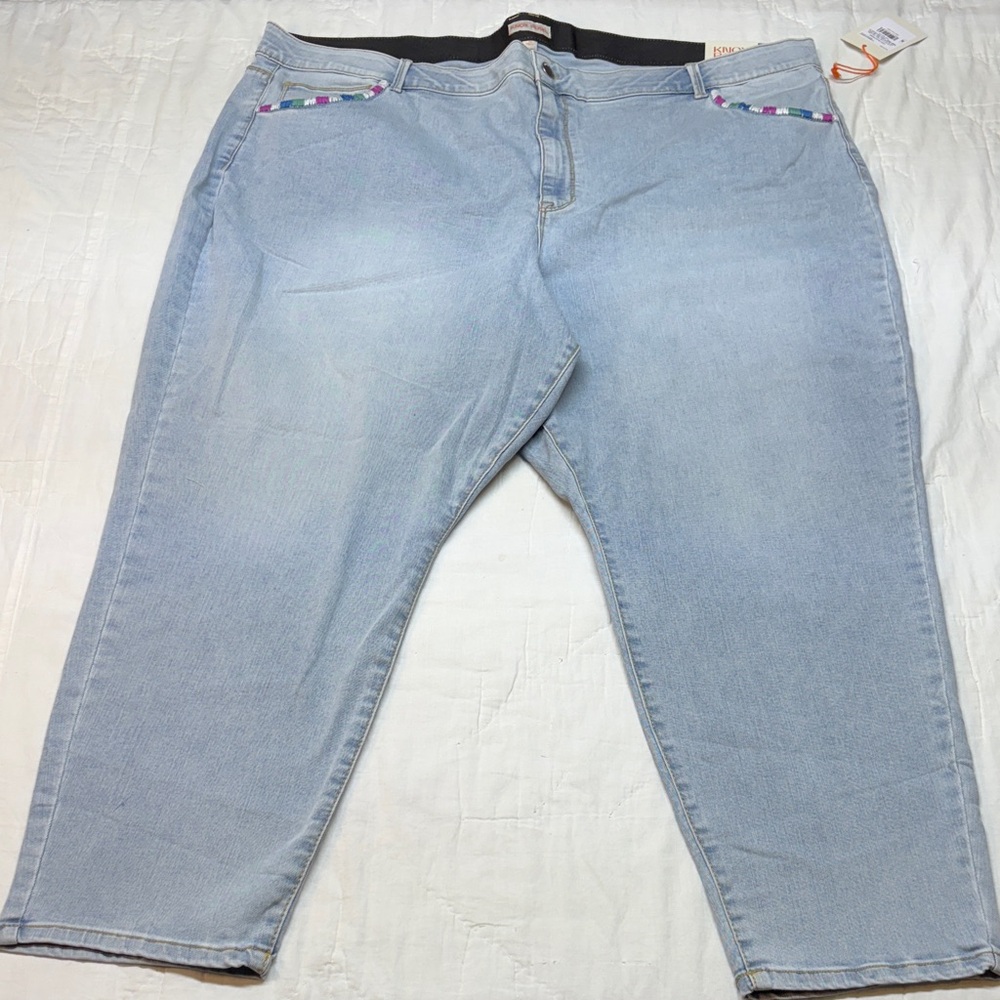 NWT Plus Size 28 High-Rise Ankle Skinny Jeans Elastic Waist Beaded Blue Denim‎